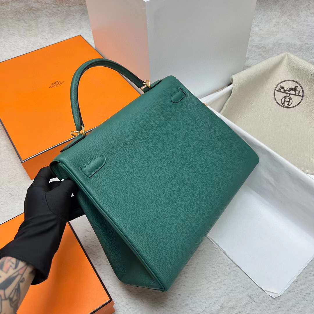 Hermès（爱马仕）Kelly Togo 御用原厂顶级小牛皮 Z6 孔雀绿 金扣 32cm 全手工蜡线缝制 Ghw