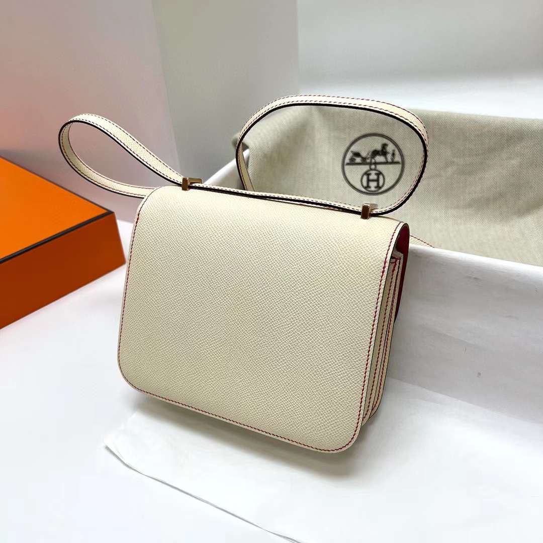 Hermès（爱马仕）Constance 空姐包 Epsom i2 奶油白 内拼 墨西哥粉 玫瑰金扣 19cm 全手工蜡线缝制 Rghw
