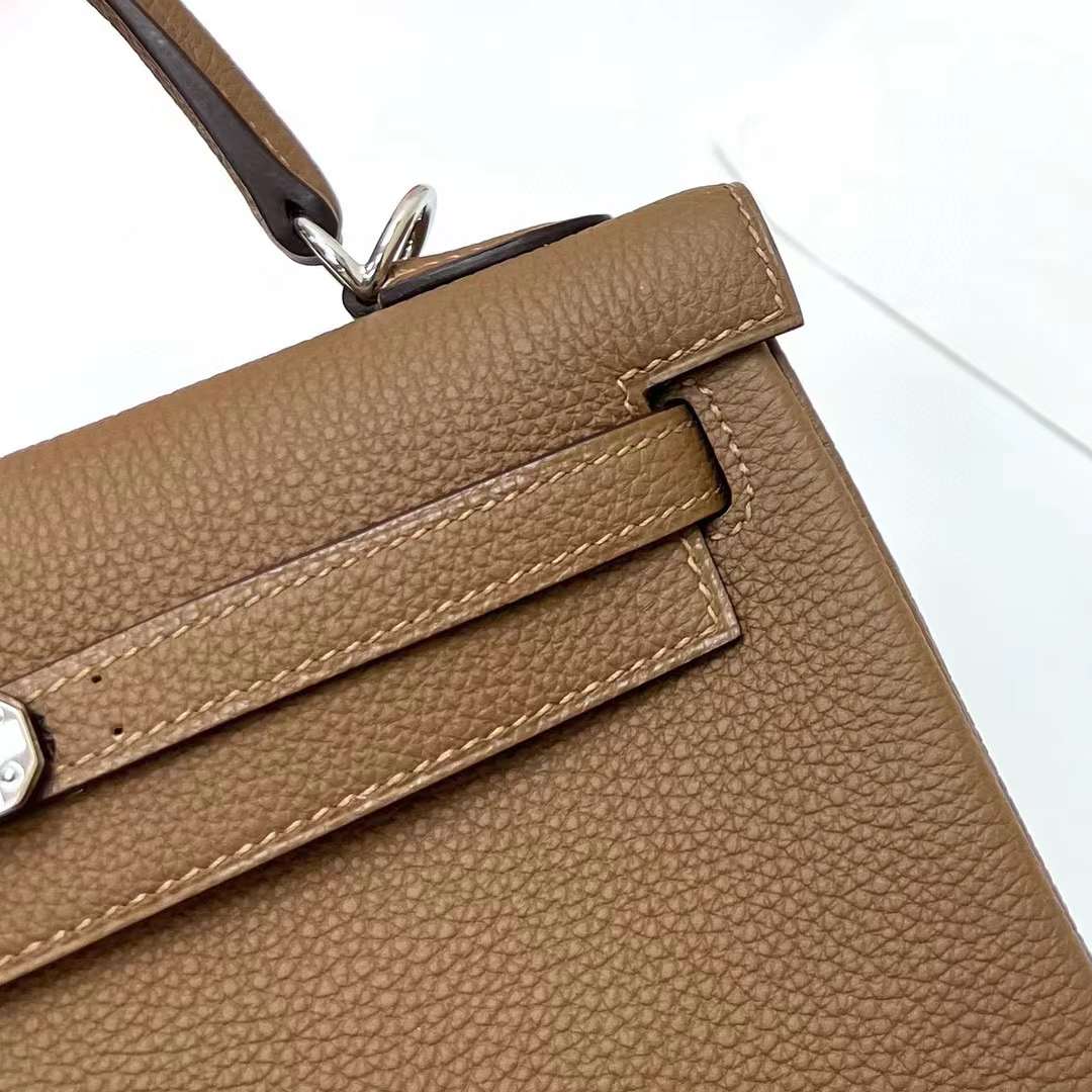 Hermès（爱马仕）Kelly 凯莉包 Togo皮 3G 栗子色 内拼 墨西哥粉 银扣 25cm 全手工蜡线缝制 Phw