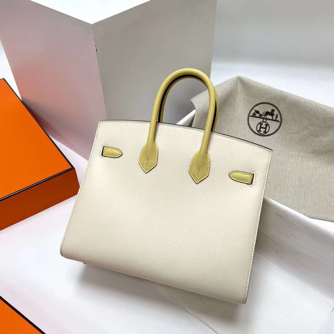 Hermès（爱马仕）Birkin 铂金包 Sellier Epsom I2 奶油白 拼 1Z 小鸡黄 银扣 25cm 全手工蜡线缝制