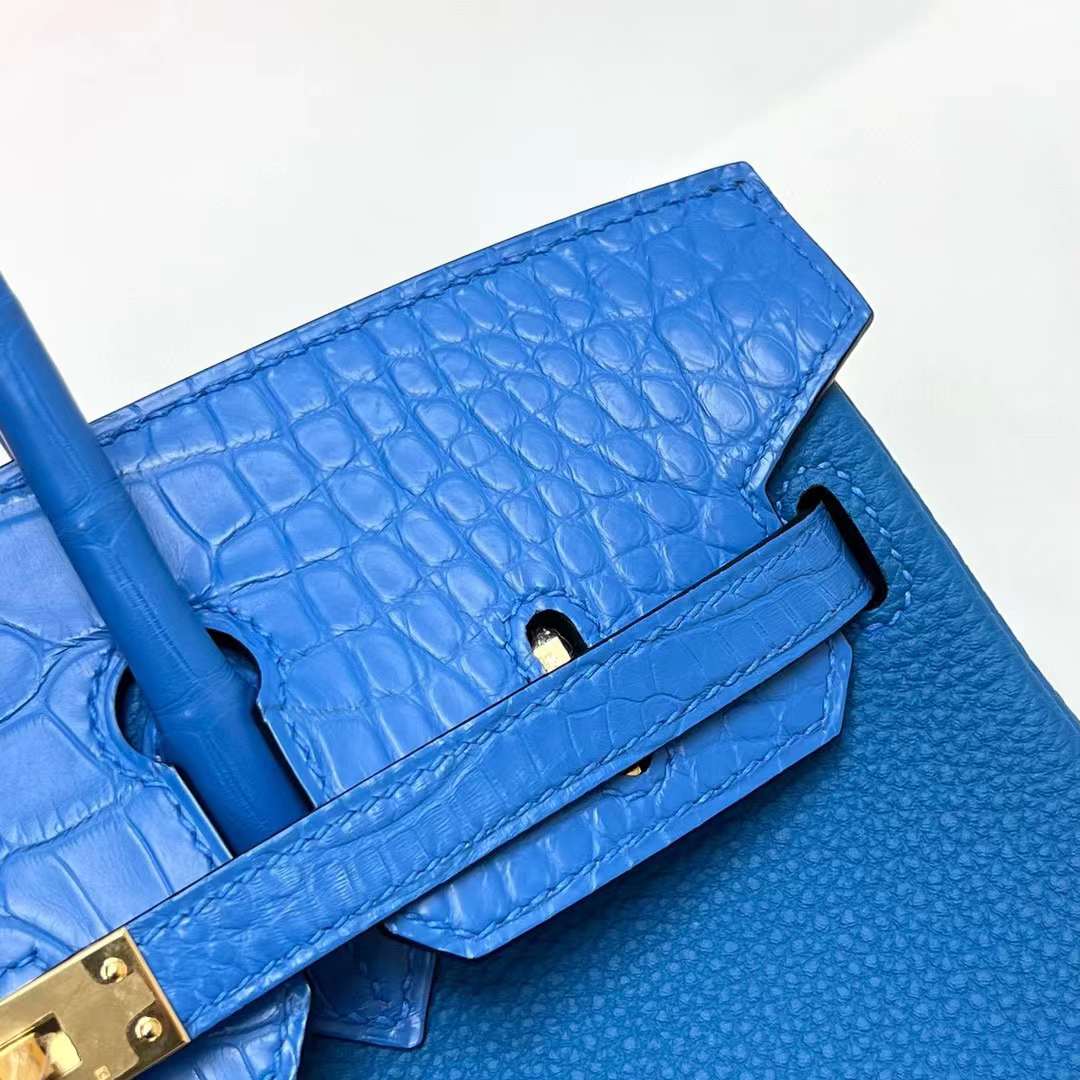 Hermès（爱马仕）Birkin 铂金包 Touch Togo 拼 雾面美洲鳄 坦桑尼亚蓝 金扣 25cm 全手工蜡线缝制