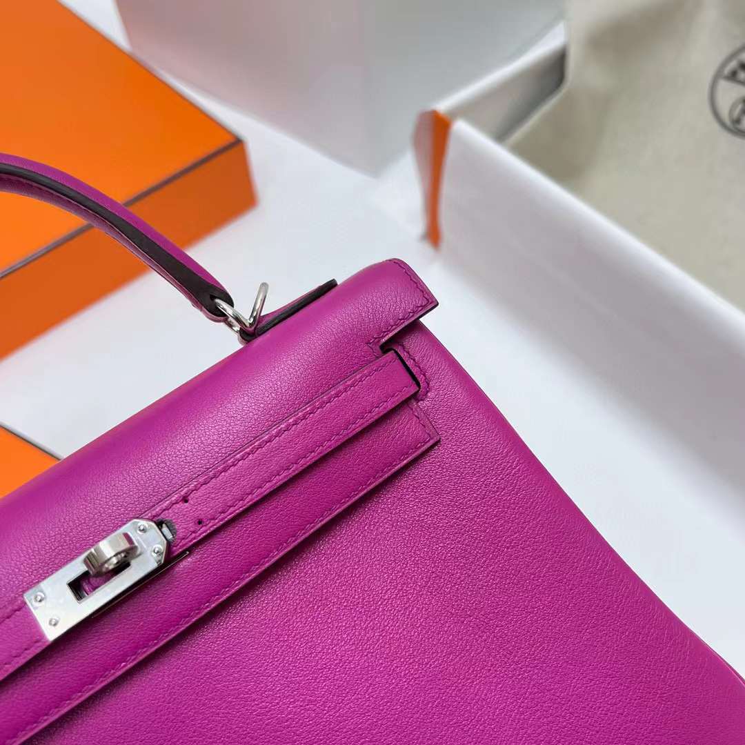 Hermès（爱马仕）Kelly 凯莉包 Swift皮 L3 玫瑰紫 银扣 25cm 全手工蜡线缝制 Phw