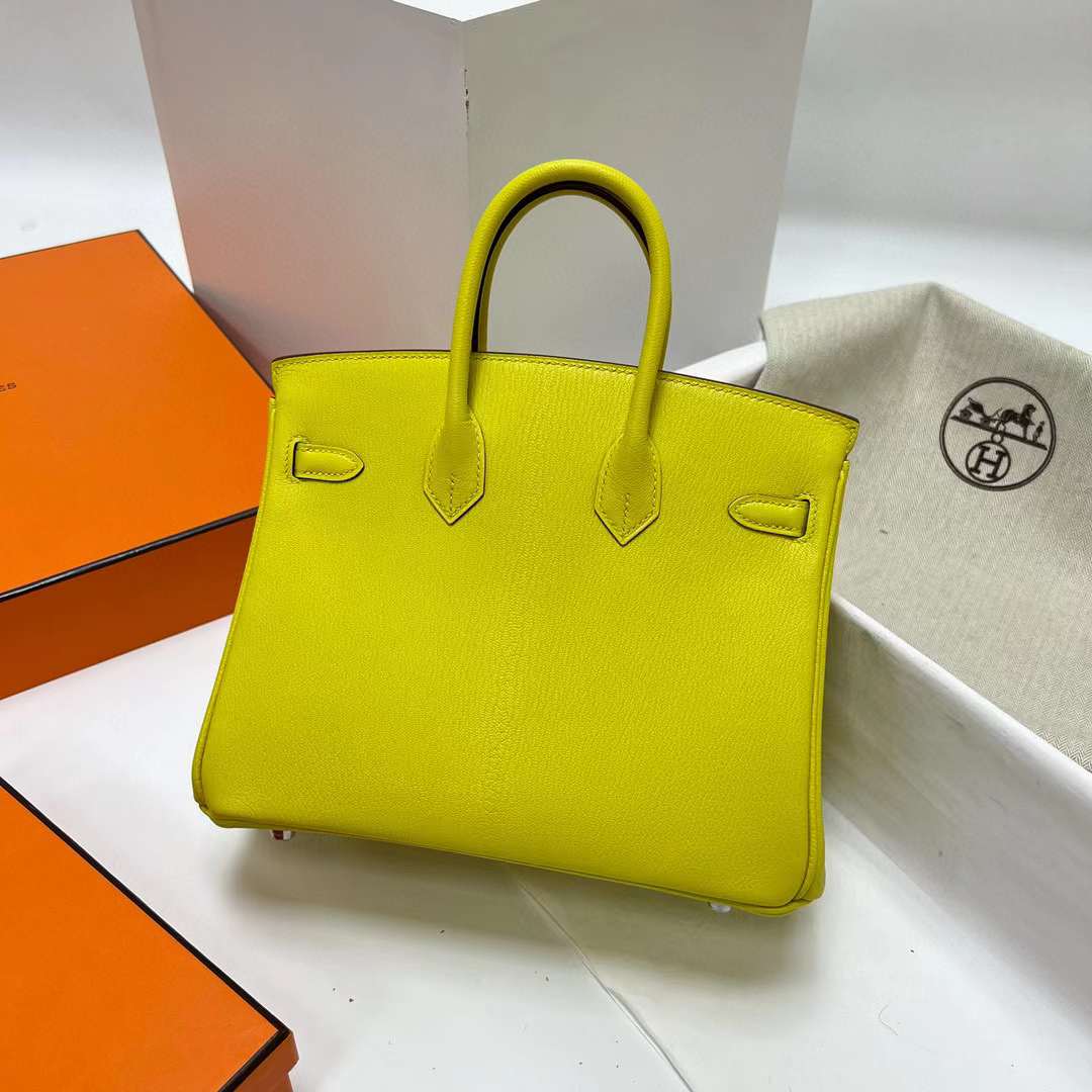 Hermès（爱马仕）Birkin 铂金包 Chevre 进口山羊皮 9R 柠檬黄 银扣 25cm 全手工蜡线缝制 Phw