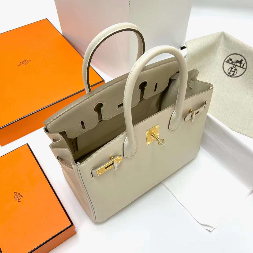 Hermès（爱马仕）Birkin 铂金包 Swift皮 Ck10 奶昔白 金扣 30cm 全手工蜡线缝制 Ghw