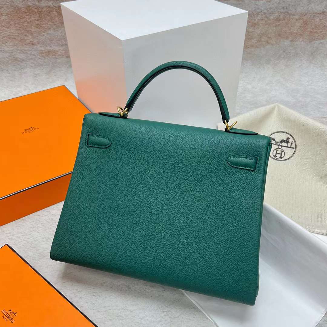 Hermès（爱马仕）Kelly Togo 御用原厂顶级小牛皮 Z6 孔雀绿 金扣 32cm 全手工蜡线缝制 Ghw