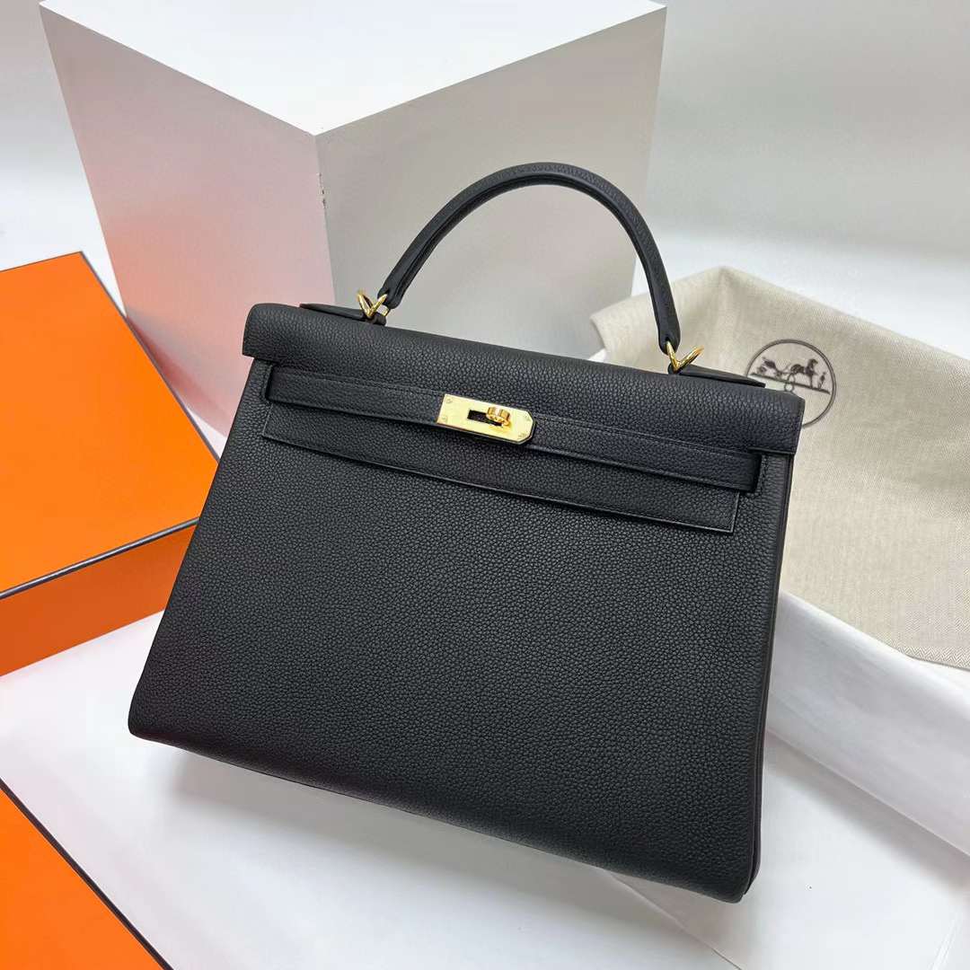 Hermès（爱马仕）Kelly Togo 御用原厂顶级小牛皮 Ck89 黑色 金扣 32cm 全手工蜡线缝制 Ghw