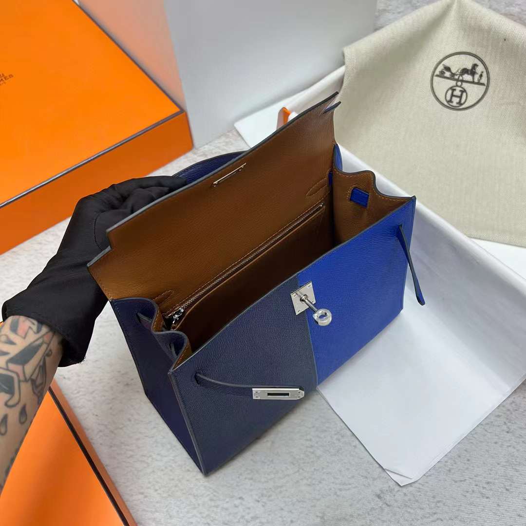 Hermès（爱马仕）Kelly 凯莉包 Epsom 三拼色 Ck73 宝石蓝 拼 O8 法国蓝 内拼 金棕色 银扣 25cm 全手工蜡线缝制 Phw