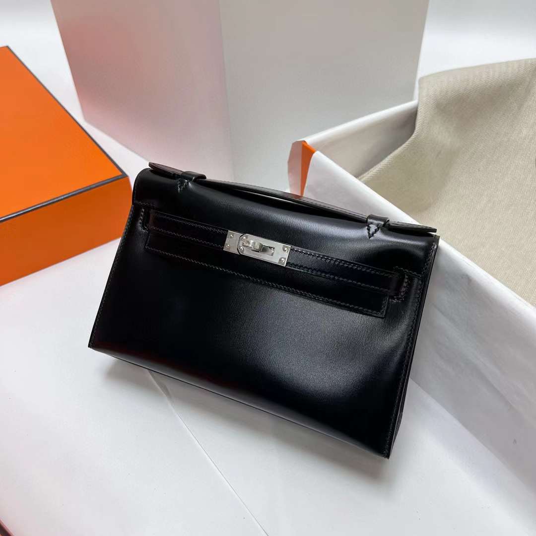 Hermès（爱马仕）Mini Kelly Pochette Box皮 Ck89 黑色 银扣 22cm 全手工蜡线缝制 phw