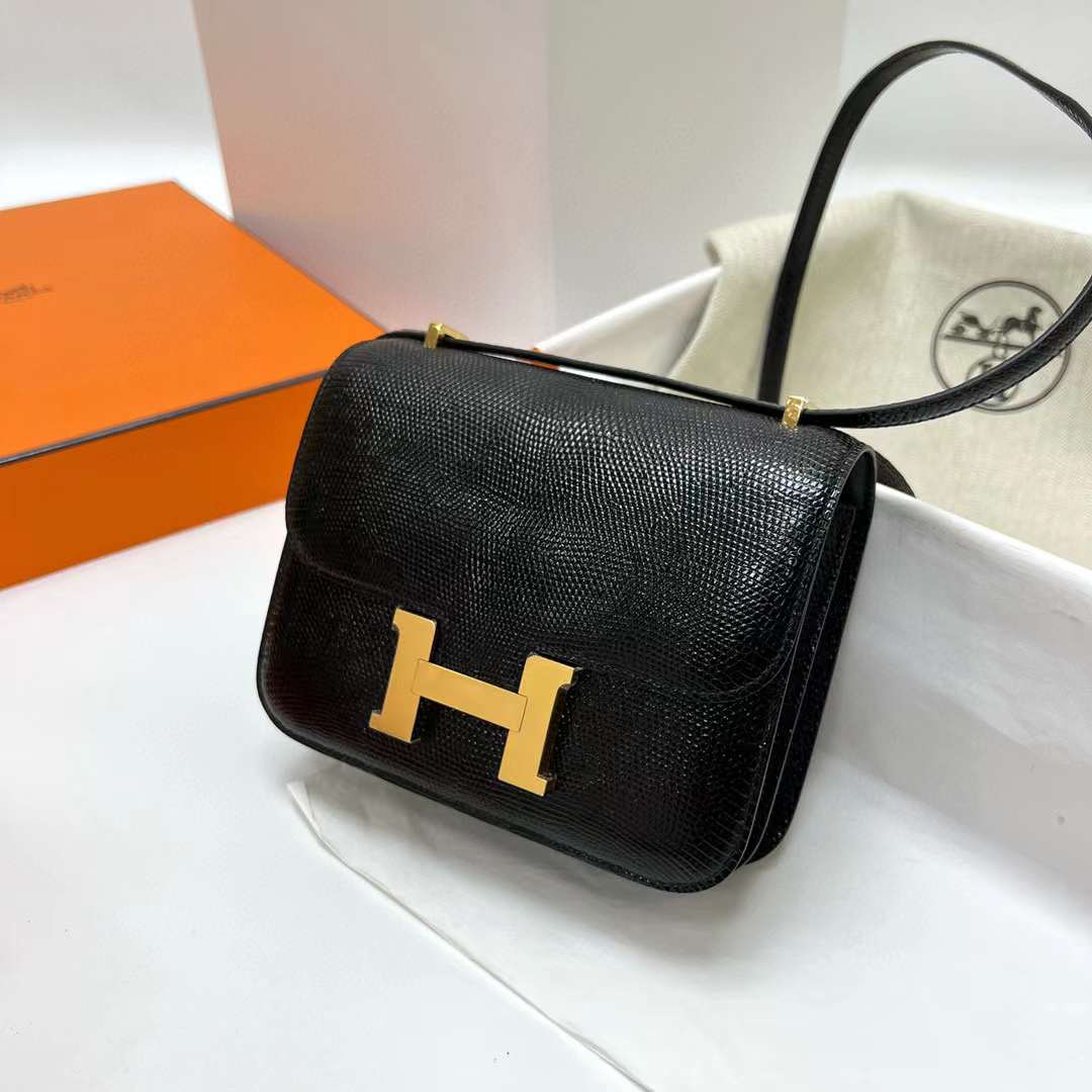 Hermès（爱马仕）Constance 康康 Lizard 进口蜥蜴皮 Ck89 黑色 金扣 19cm 全手工蜡线缝制 Ghw