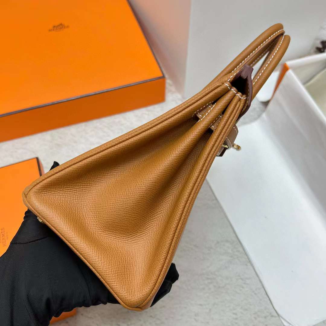 Hermès（爱马仕）Birkin 铂金包 Epsom Ck37 金棕色 金扣 25cm 全手工蜡线缝制 Ghw