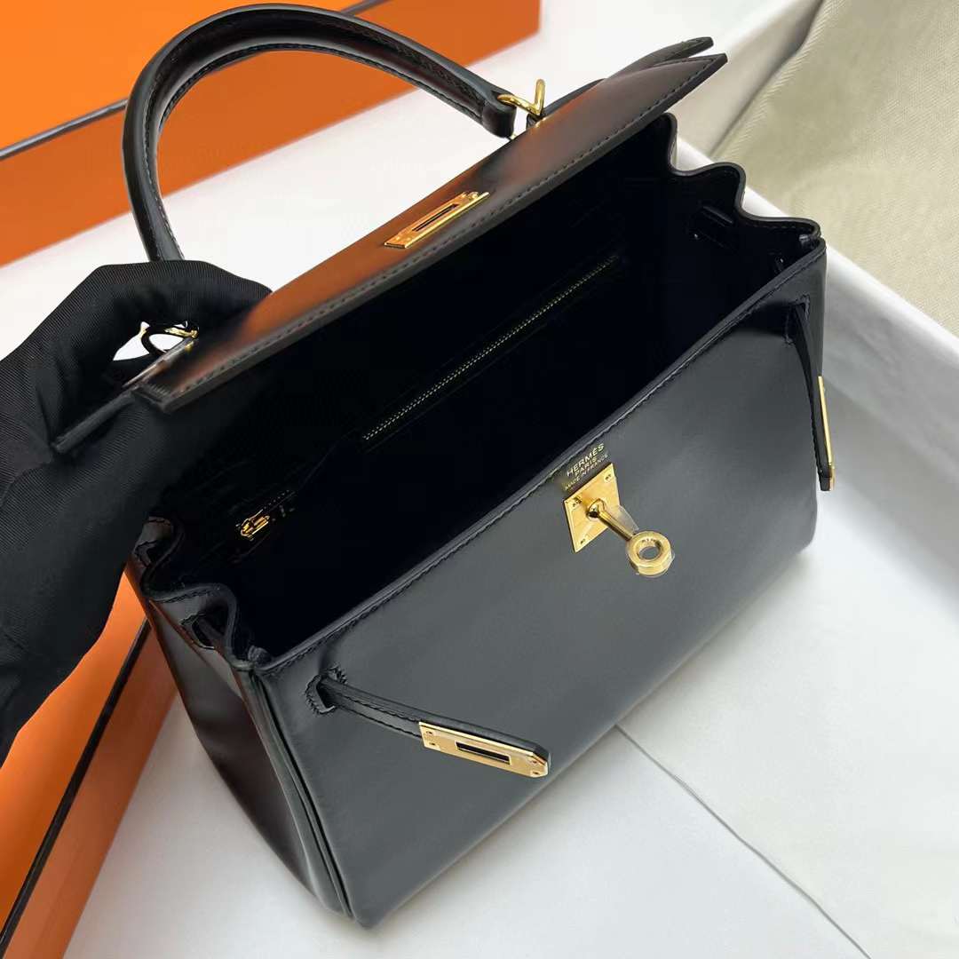 Hermès（爱马仕）Kelly 凯莉包 Box皮 Ck89 黑色 金扣 25cm 全手工蜡线缝制 Ghw