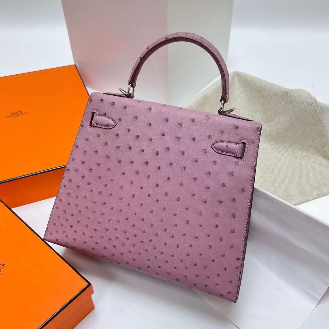 Hermès（爱马仕）Kelly 凯莉包 Ostrich 进口鸵鸟皮 5H 薰衣草紫色 银扣 28cm 全手工蜡线缝制 Phw