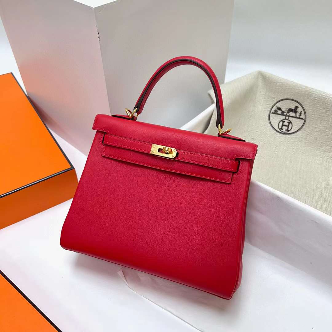 Hermès（爱马仕）Kelly 凯莉包 Swift S3 心红色 金扣 25cm 全手工蜡线缝制 Ghw