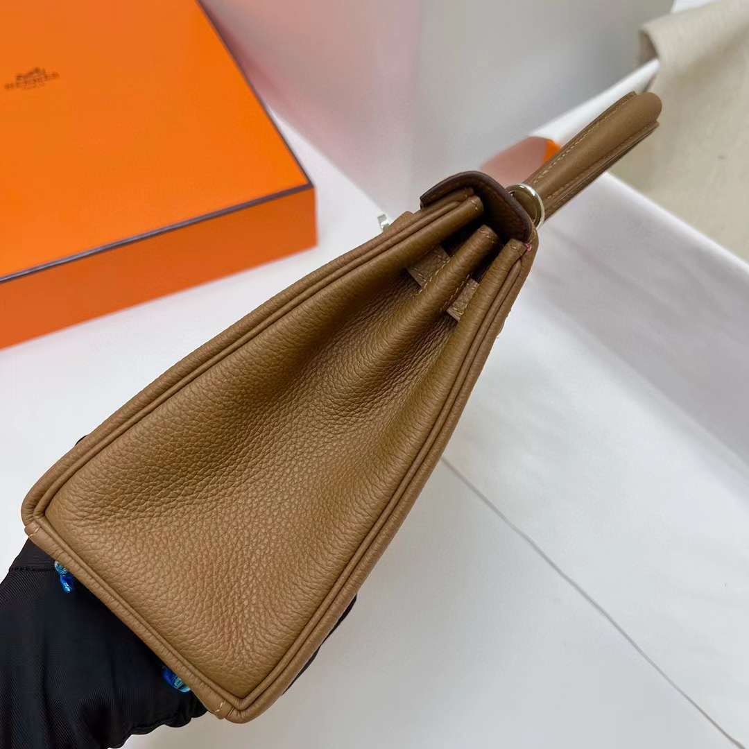 Hermès（爱马仕）Kelly 凯莉包 Togo皮 3G 栗子色 内拼 墨西哥粉 银扣 25cm 全手工蜡线缝制 Phw