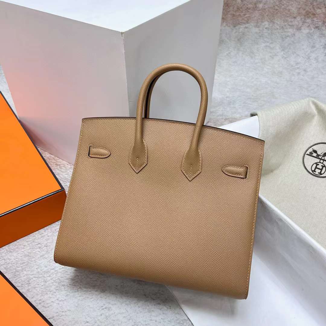 Hermès（爱马仕）Birkin 铂金包 Sellier Epsom 0M 奶茶色 金扣 25cm 全手工蜡线缝制 Ghw