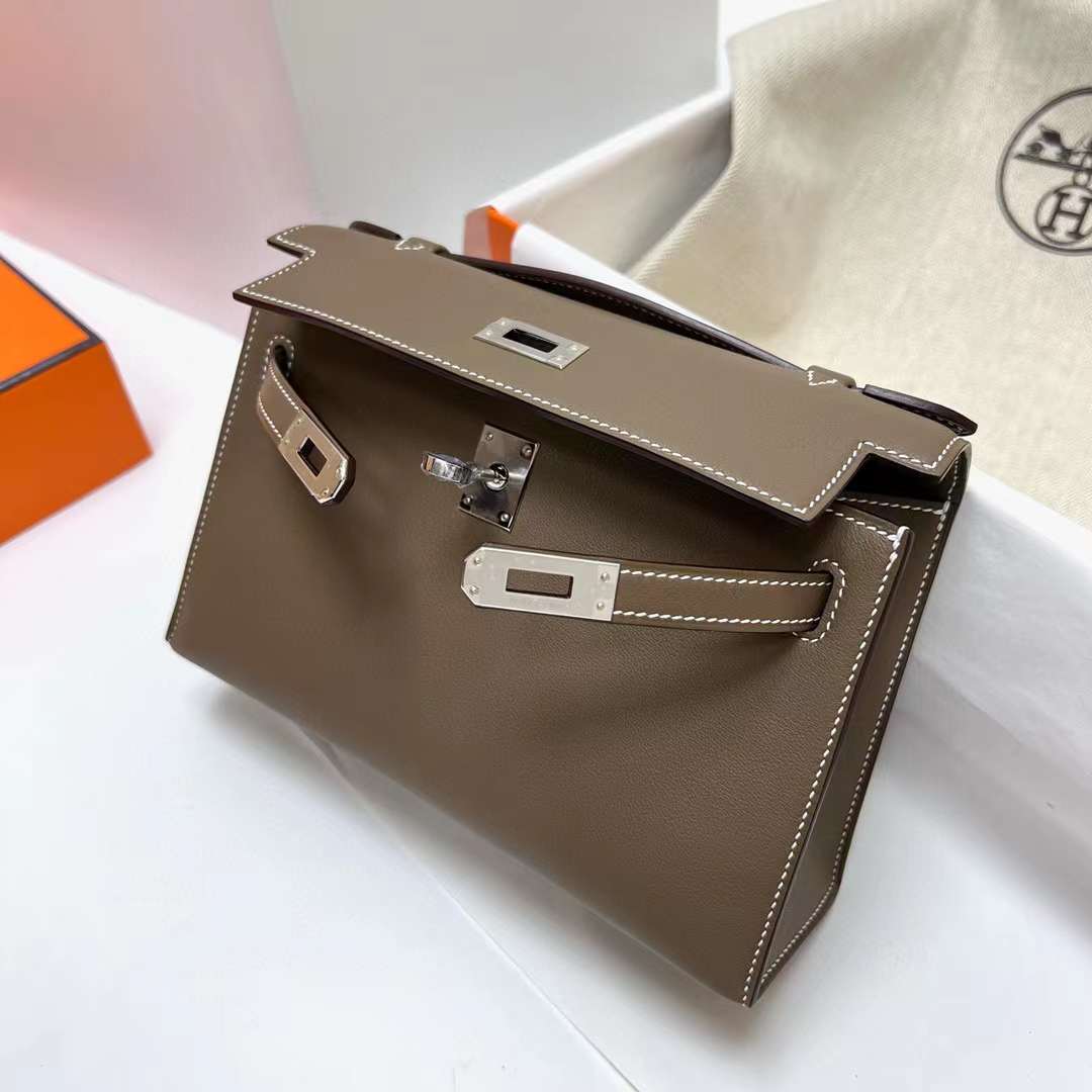 Hermès（爱马仕）Mini Kelly Pochette Swift Ck18 大象灰 银扣 22cm 全手工蜡线缝制 phw