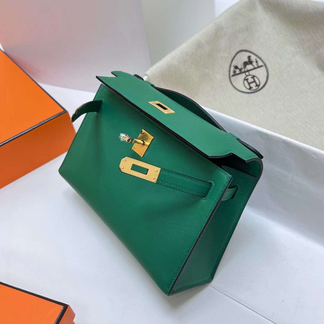 Hermès（爱马仕）Mini Kelly Pochette Swift U4 丝绒绿 金扣 22cm 全手工蜡线缝制 Ghw