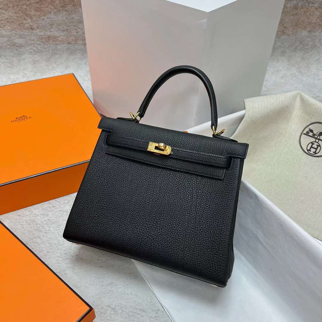 Hermès（爱马仕）Kelly 凯莉包 Togo皮 Ck89 黑色 金扣 25cm 全手工蜡线缝制 Ghw