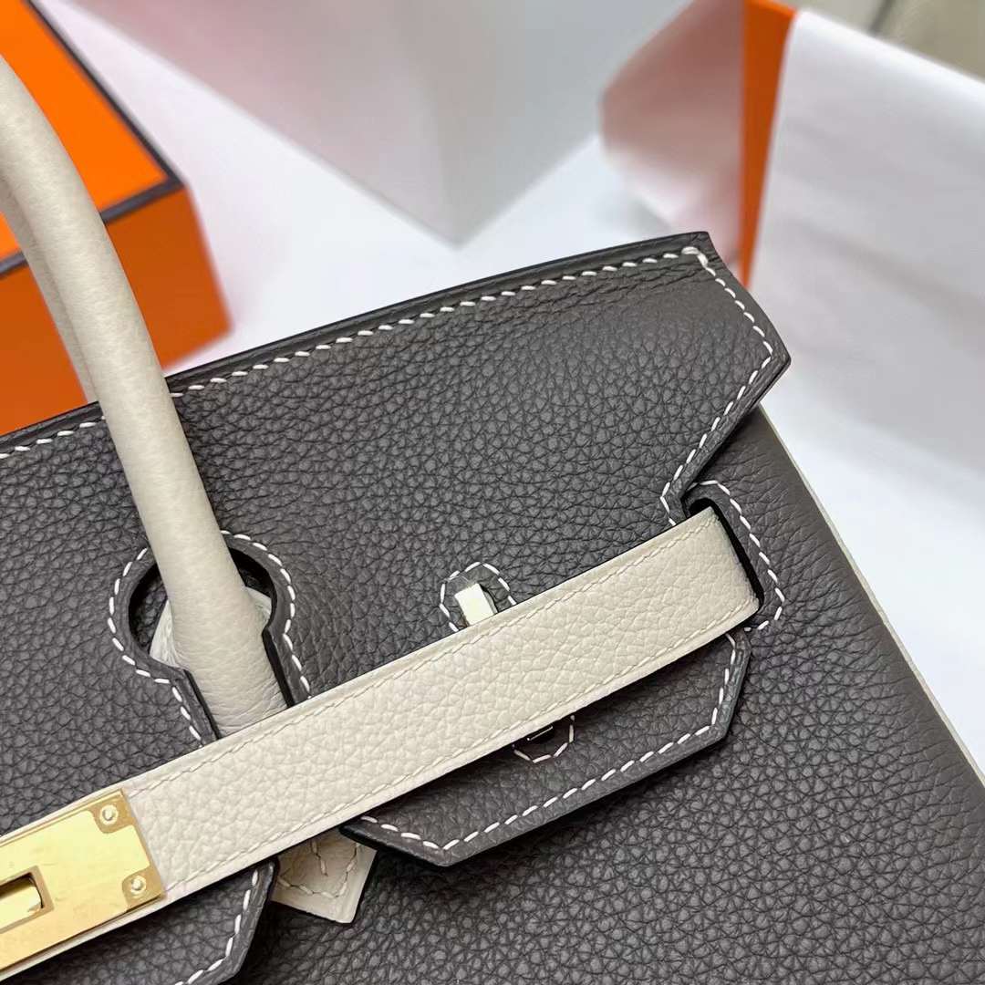 Hermès（爱马仕）Birkin 铂金包 Togo皮 8F 锡器灰 拼 Ck10 奶昔白 金扣 30cm 全手工蜡线缝制 Ghw