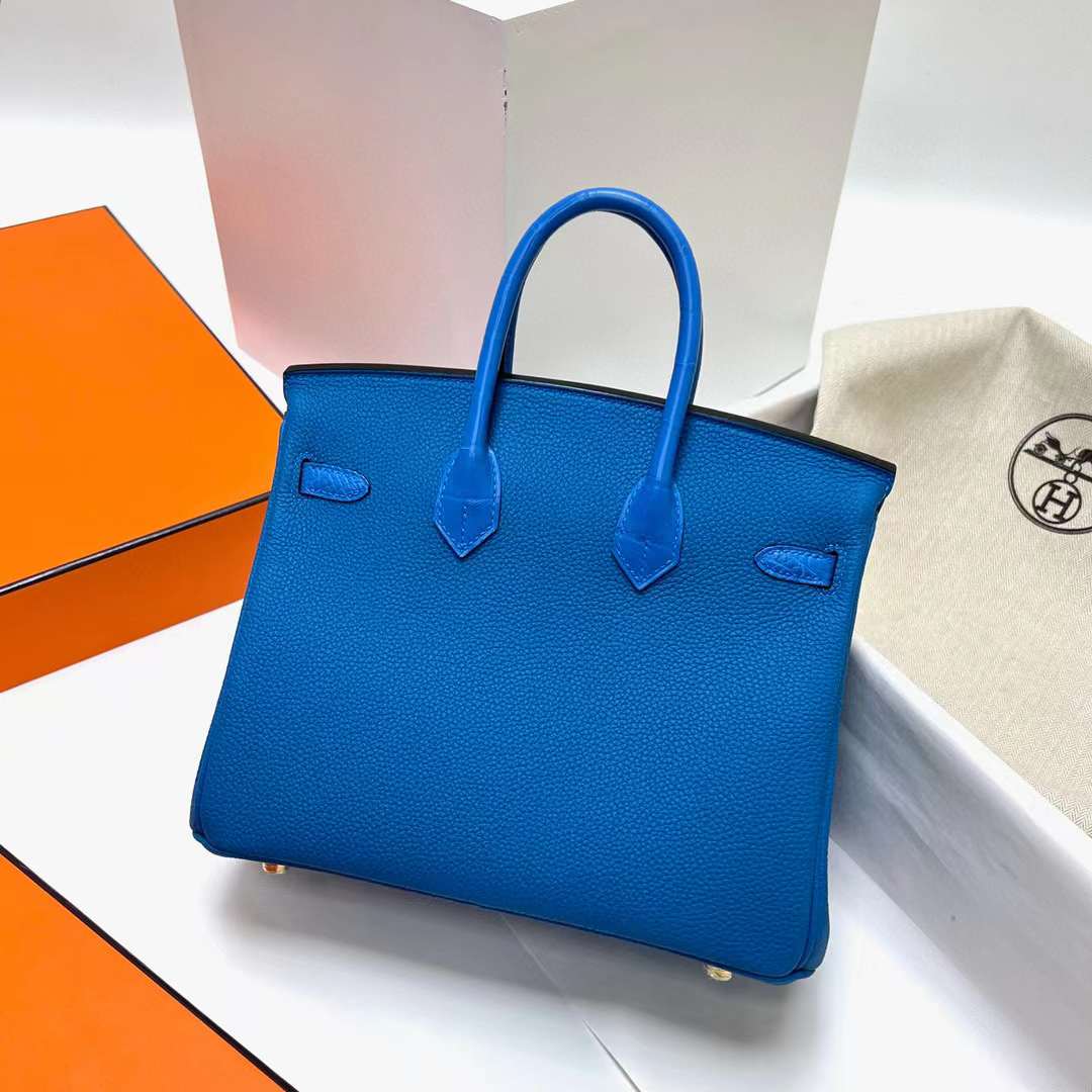Hermès（爱马仕）Birkin 铂金包 Touch Togo 拼 雾面美洲鳄 坦桑尼亚蓝 金扣 25cm 全手工蜡线缝制