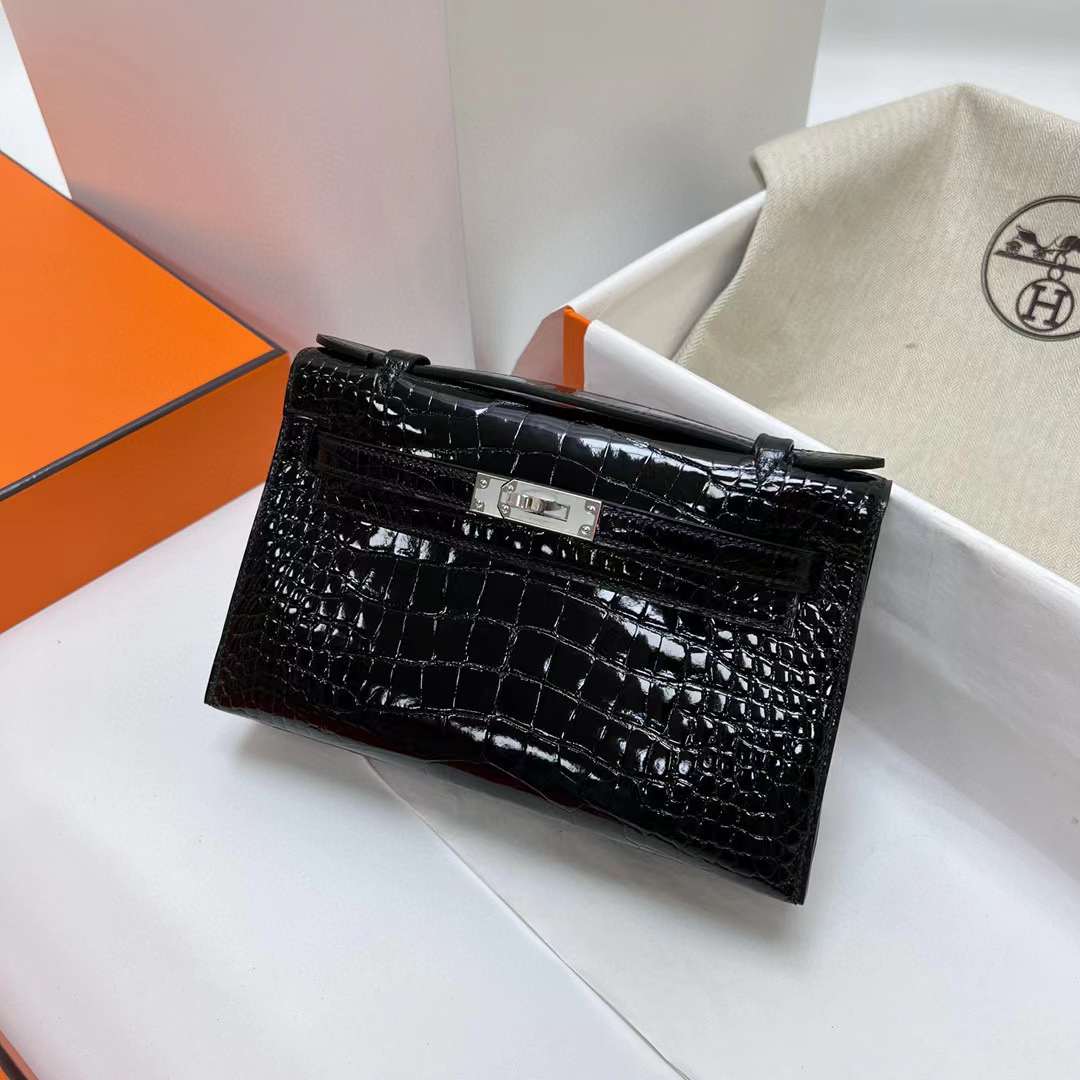 Hermès（爱马仕）Mini Kelly Pochette 亮面美洲鳄鱼 Shiny alligator crocodile ck89 黑色 银扣 22cm 全手工蜡线缝制 Phw