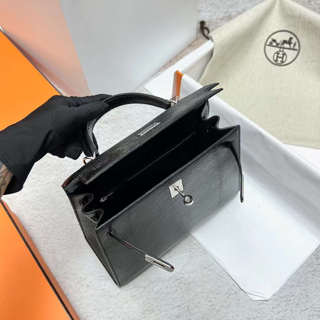 Hermès（爱马仕）Kelly 凯莉包 Lizard 进口蜥蜴皮 Ck89 黑色 银扣 25cm 全手工蜡线缝制 Phw