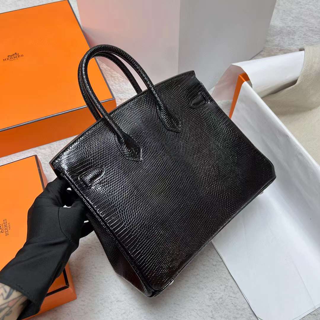 Hermès（爱马仕）Birkin 铂金包 Lizard 进口蜥蜴皮 Ck89 黑色 银扣 25cm 全手工蜡线缝制 Phw