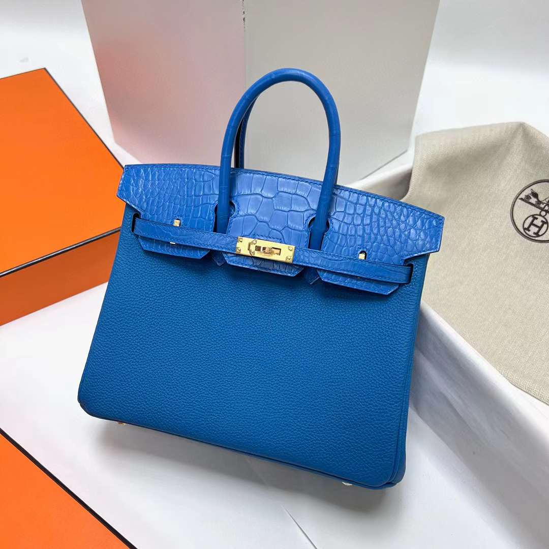 Hermès（爱马仕）Birkin 铂金包 Touch Togo 拼 雾面美洲鳄 坦桑尼亚蓝 金扣 25cm 全手工蜡线缝制