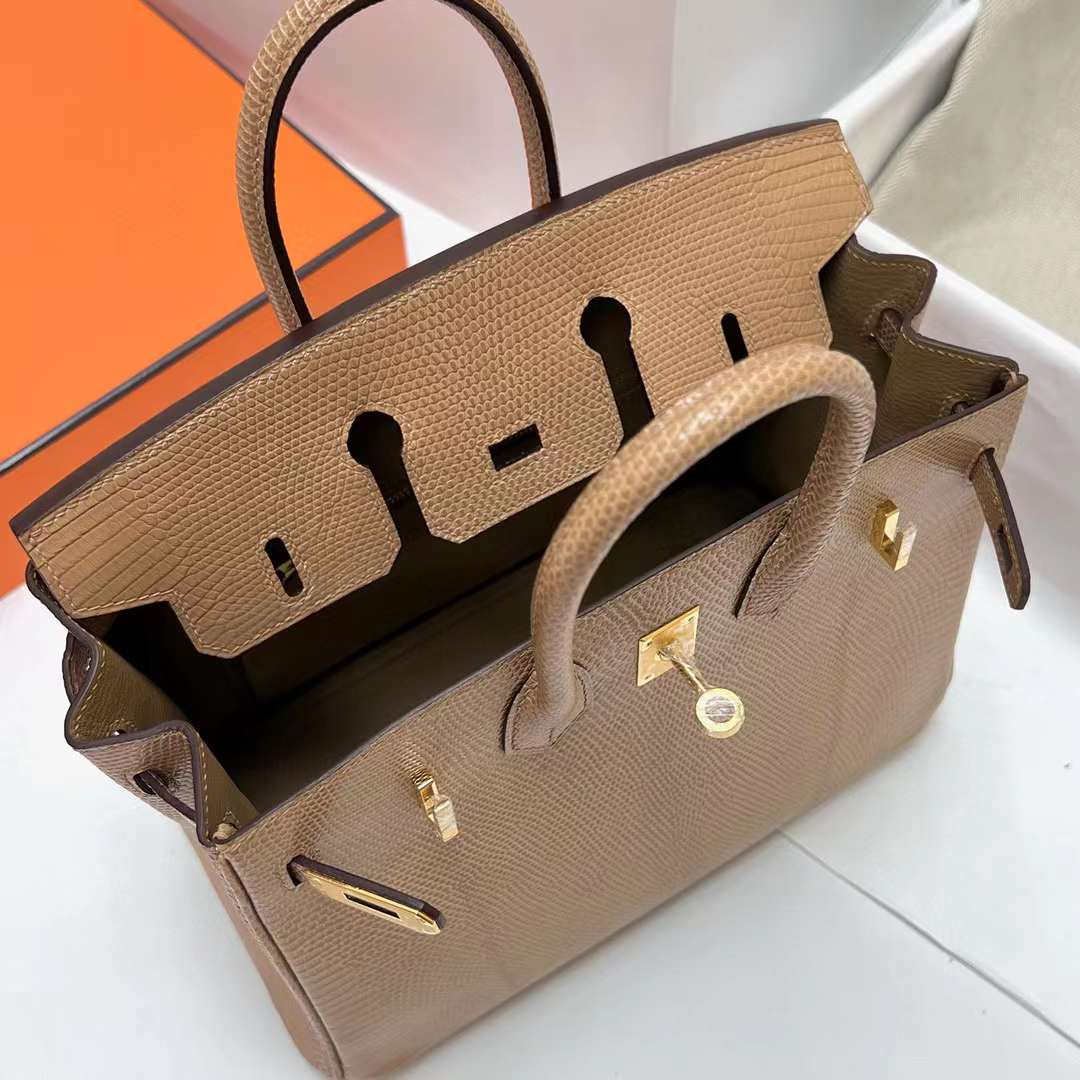 Hermès（爱马仕）Birkin 铂金包 Lizard 进口蜥蜴皮 杏色 金扣 25cm 全手工蜡线缝制 Ghw