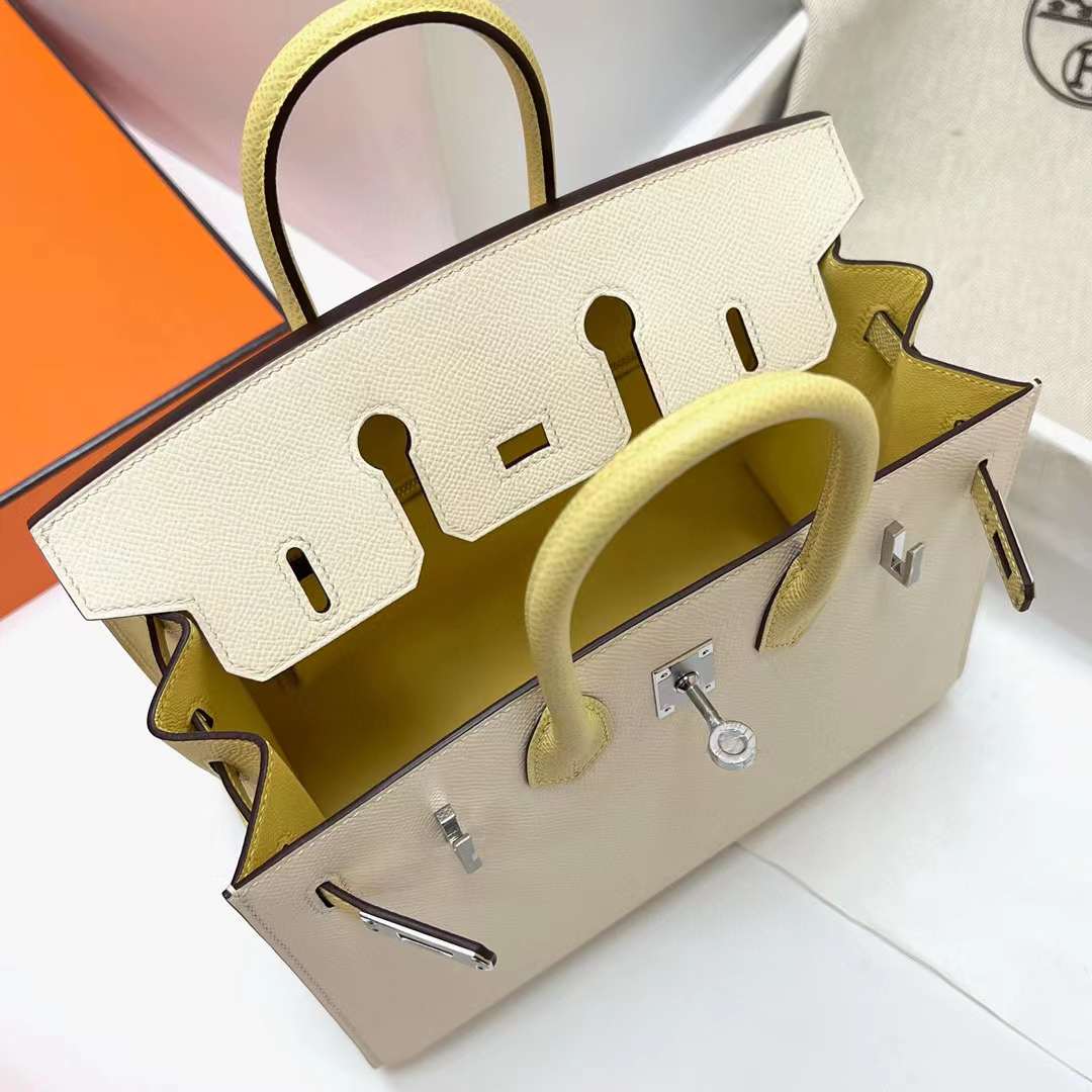 Hermès（爱马仕）Birkin 铂金包 Sellier Epsom I2 奶油白 拼 1Z 小鸡黄 银扣 25cm 全手工蜡线缝制