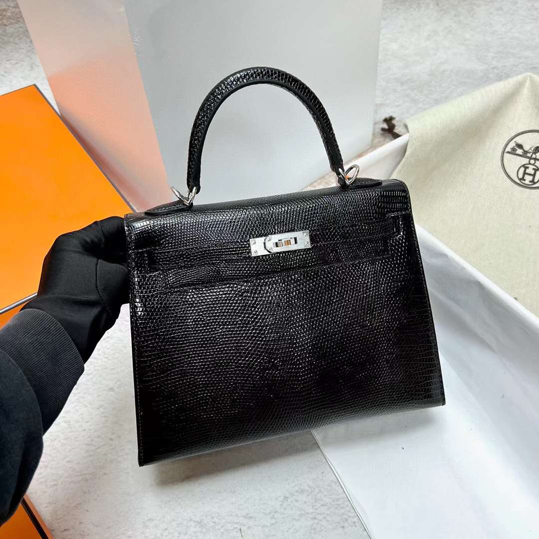 Hermès（爱马仕）Kelly 凯莉包 Lizard 进口蜥蜴皮 Ck89 黑色 银扣 25cm 全手工蜡线缝制 Phw