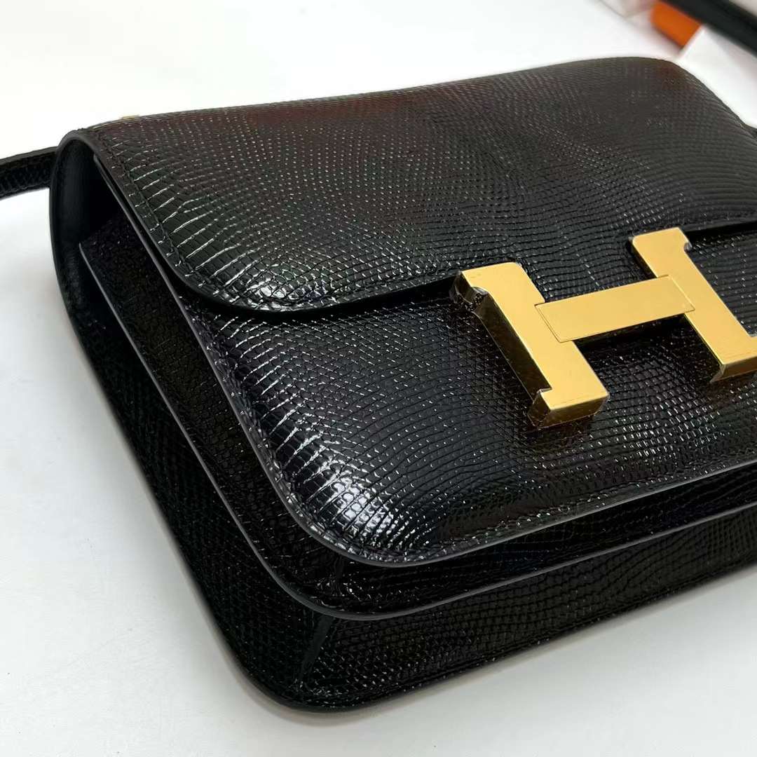 Hermès（爱马仕）Constance 康康 Lizard 进口蜥蜴皮 Ck89 黑色 金扣 19cm 全手工蜡线缝制 Ghw