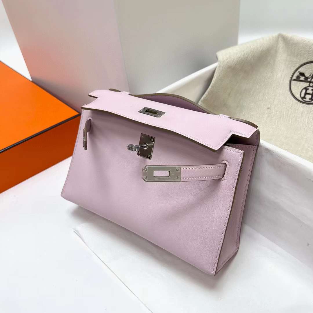 Hermès（爱马仕）Mini Kelly Pochette Swift 09 梦幻粉紫 银扣 22cm 全手工蜡线缝制 phw
