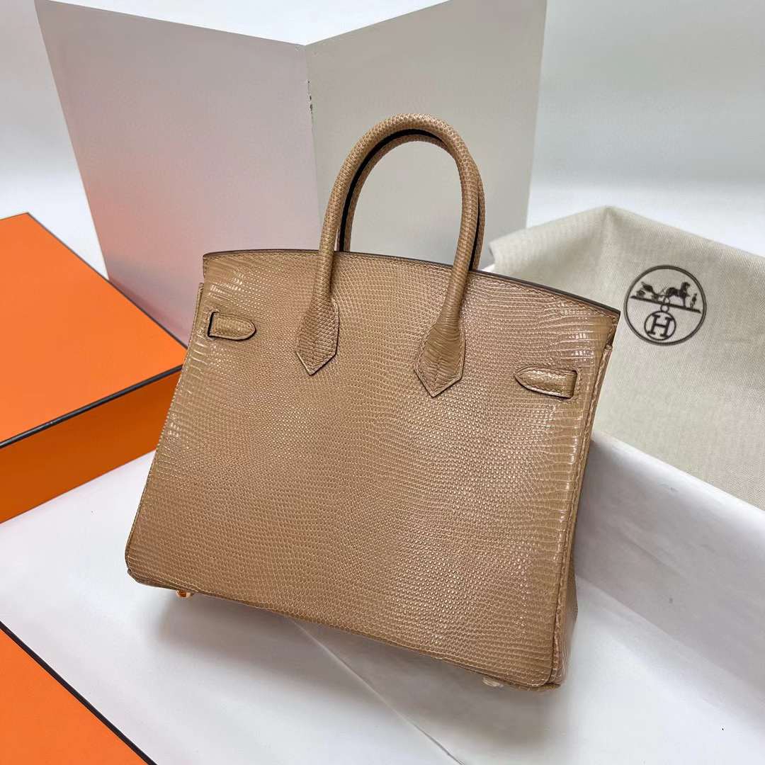 Hermès（爱马仕）Birkin 铂金包 Lizard 进口蜥蜴皮 杏色 金扣 25cm 全手工蜡线缝制 Ghw