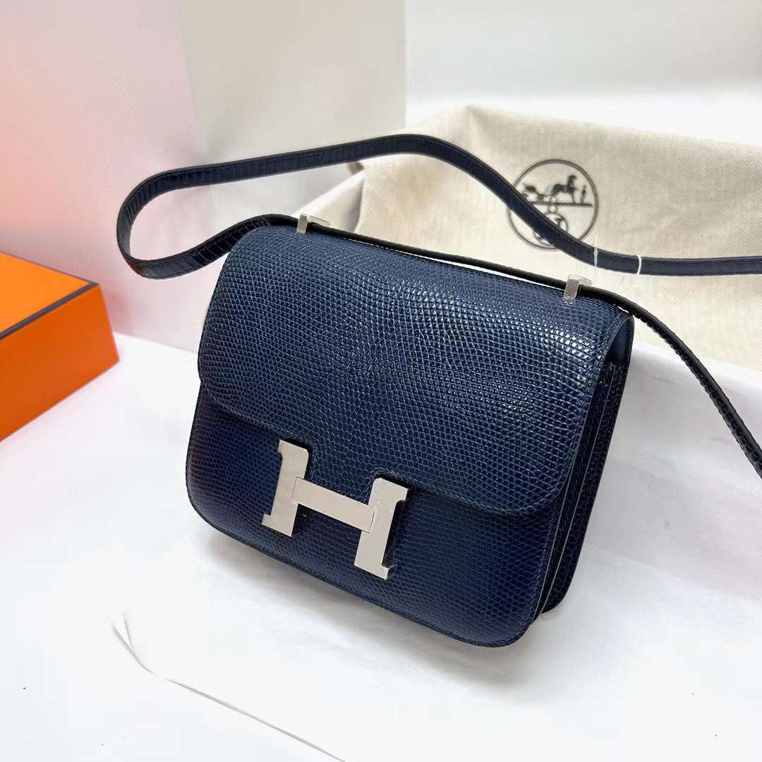 Hermès（爱马仕）Constance 康康 Lizard 进口蜥蜴皮 7L 马耳他蓝 银扣 19cm 全手工蜡线缝制 Phw