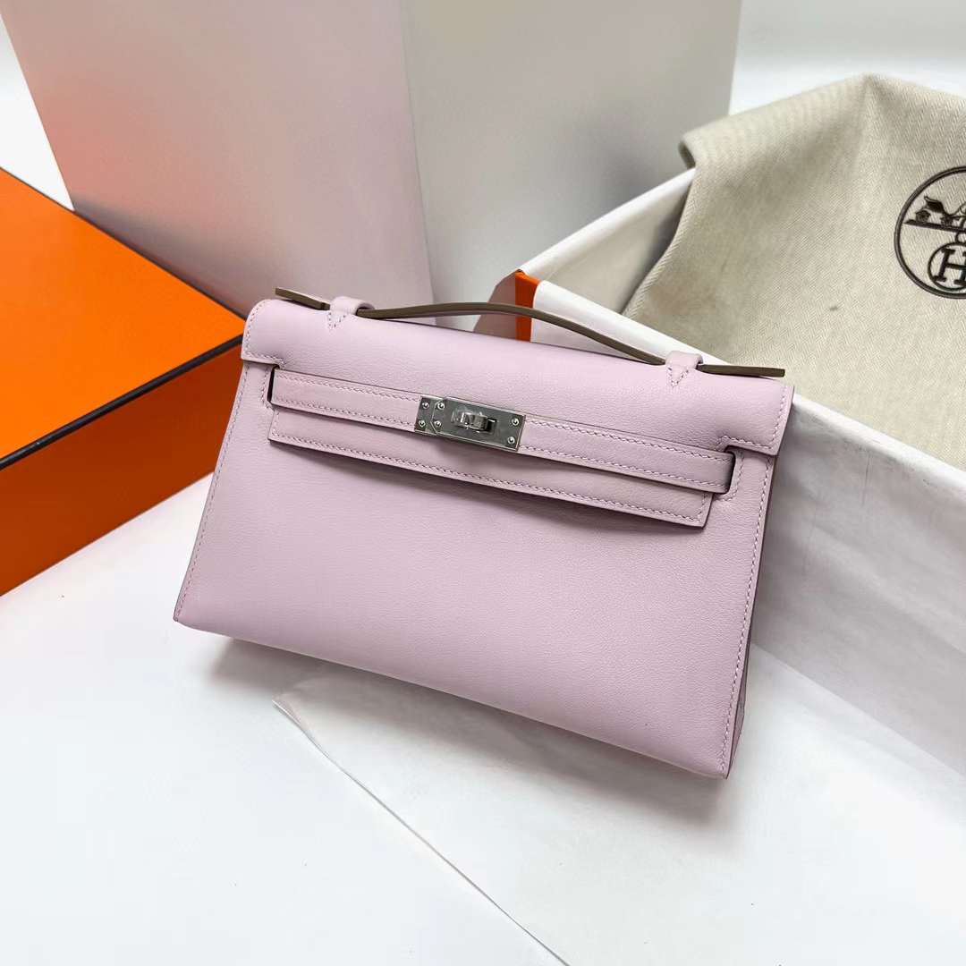 Hermès（爱马仕）Mini Kelly Pochette Swift 09 梦幻粉紫 银扣 22cm 全手工蜡线缝制 phw