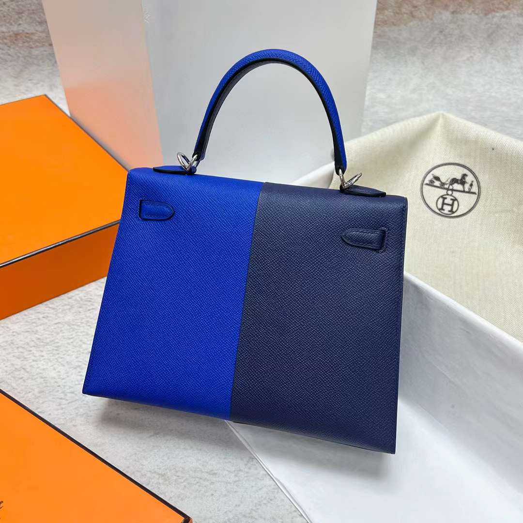 Hermès（爱马仕）Kelly 凯莉包 Epsom 三拼色 Ck73 宝石蓝 拼 O8 法国蓝 内拼 金棕色 银扣 25cm 全手工蜡线缝制 Phw