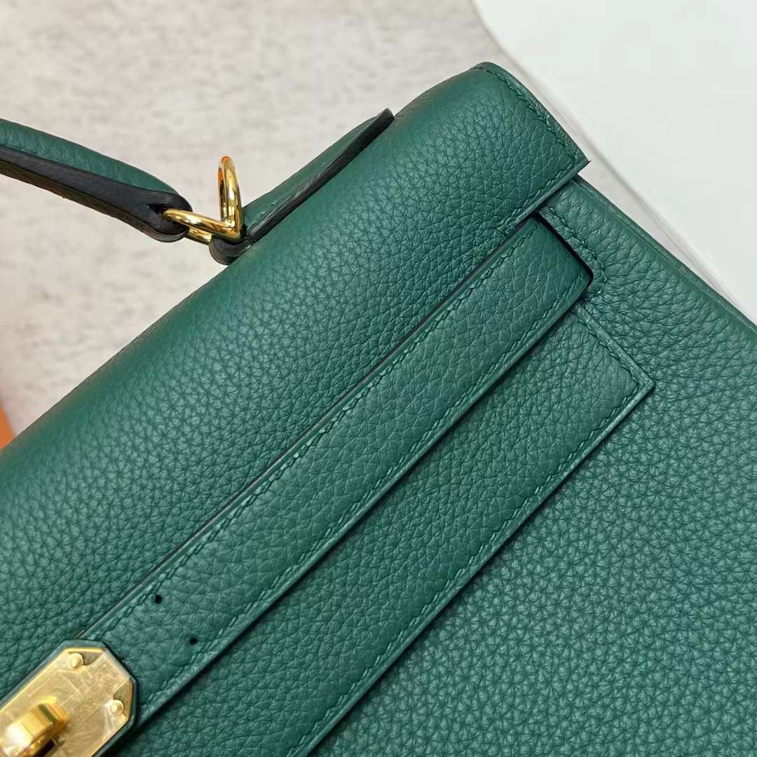 Hermès（爱马仕）Kelly Togo 御用原厂顶级小牛皮 Z6 孔雀绿 金扣 32cm 全手工蜡线缝制 Ghw