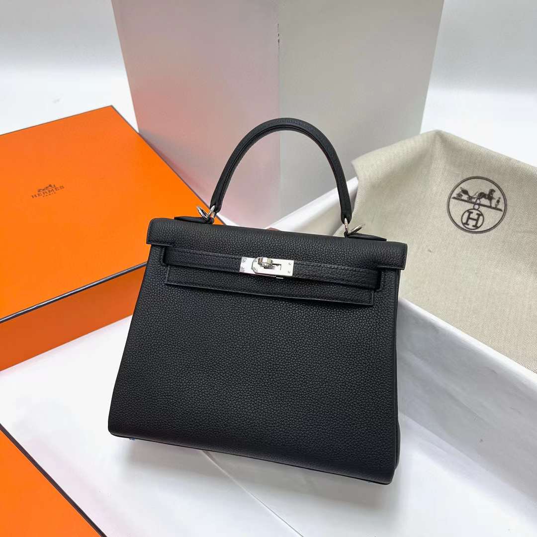 Hermès（爱马仕）Kelly 凯莉包 Togo皮 Ck89 黑色 银扣 25cm 全手工蜡线缝制 Phw