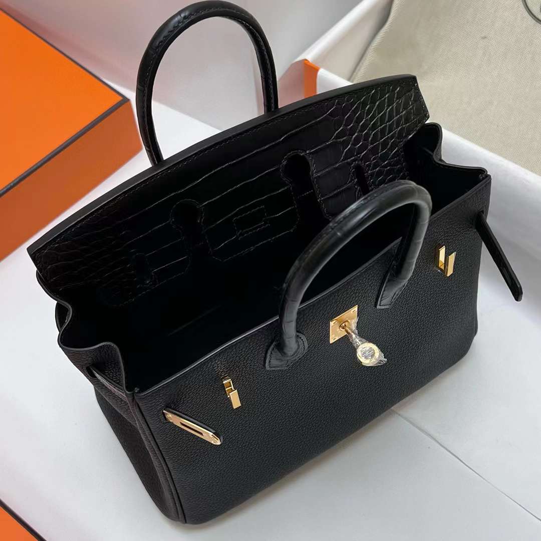 Hermès（爱马仕）Birkin 铂金包 Touch Togo & 雾面美洲鳄 Ck89 黑色 金扣 25cm 全手工蜡线缝制 Ghw