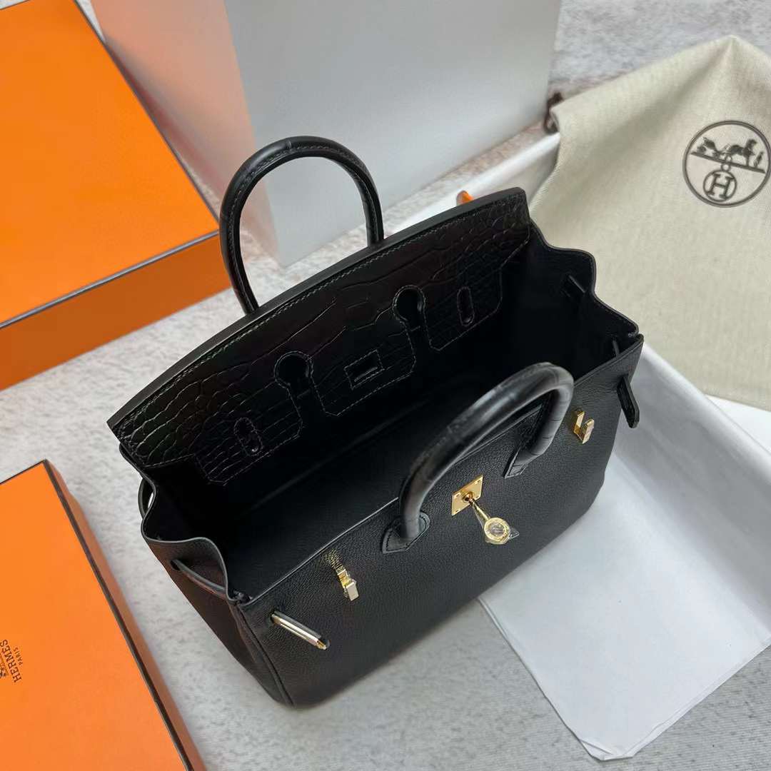 Hermès（爱马仕）Birkin 铂金包 Touch Togo 拼 雾面美洲鳄鱼皮 Ck89 黑色 金扣 25cm 全手工蜡线缝制 Ghw