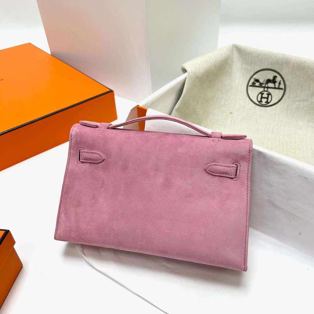 Hermès（爱马仕）Mini Kelly Pochette Suede 进口麂皮 玫瑰粉 银扣 22cm 全手工蜡线缝制 Phw