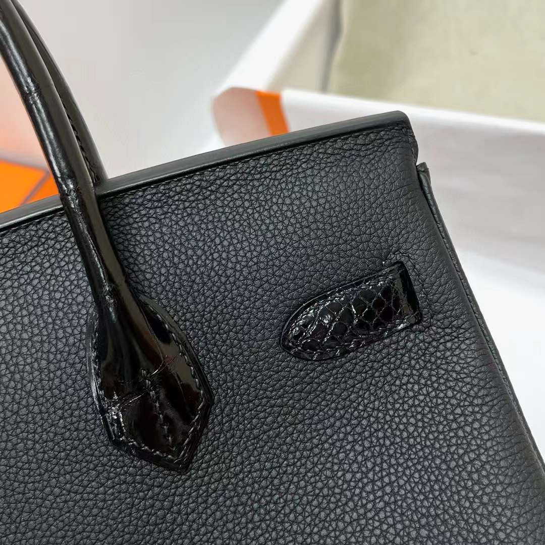 Hermès（爱马仕）Birkin 铂金包 Touch Togo 拼 亮面尼罗鳄鱼 Ck89 黑色 银扣 30cm 全手工蜡线缝制 Phw