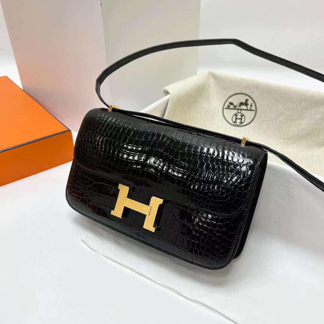 Hermès（爱马仕）Constance elan 亮面倒v澳洲湾鳄鱼 shiny porosus crocodile Ck89 黑色 金扣 26cm 全手工蜡线缝制