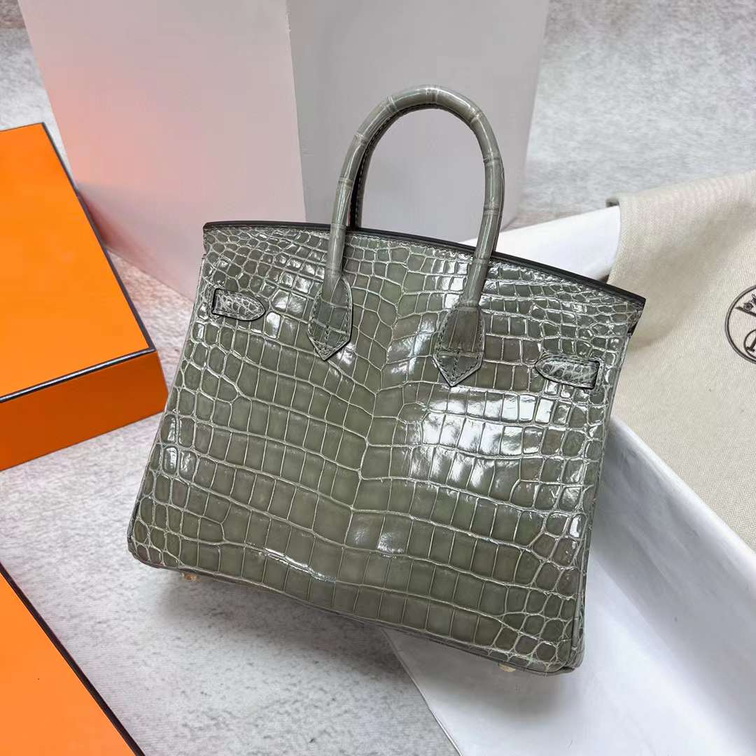 Hermès（爱马仕）Birkin 铂金包 亮面尼罗鳄鱼 Shiny Nilo Crocodile Ck81 斑鸠灰 金扣 25cm 全手工蜡线缝制 Ghw