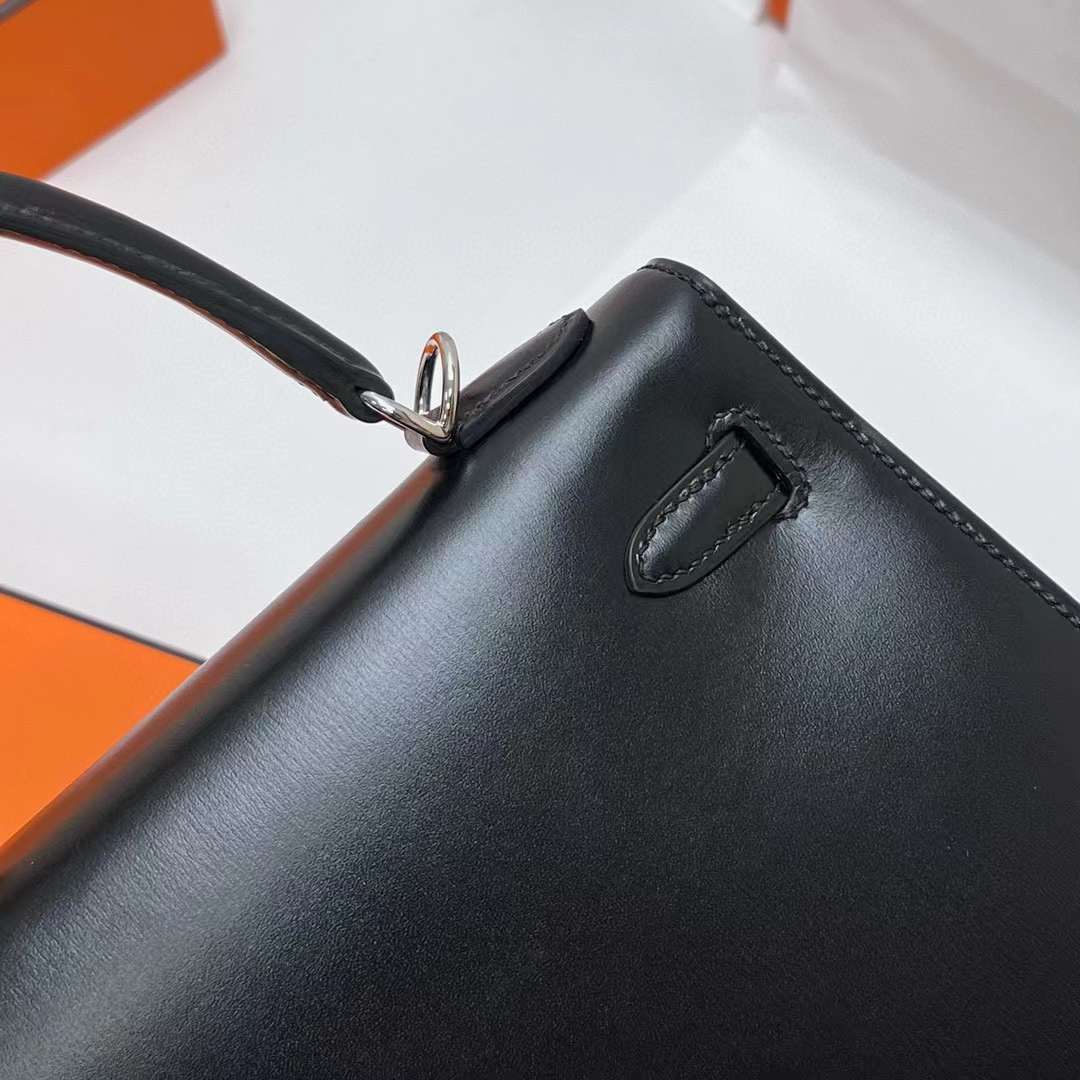 Hermès（爱马仕）Kelly 凯莉包 Box皮 Ck89 黑色 银扣 25cm 全手工蜡线缝制 Phw