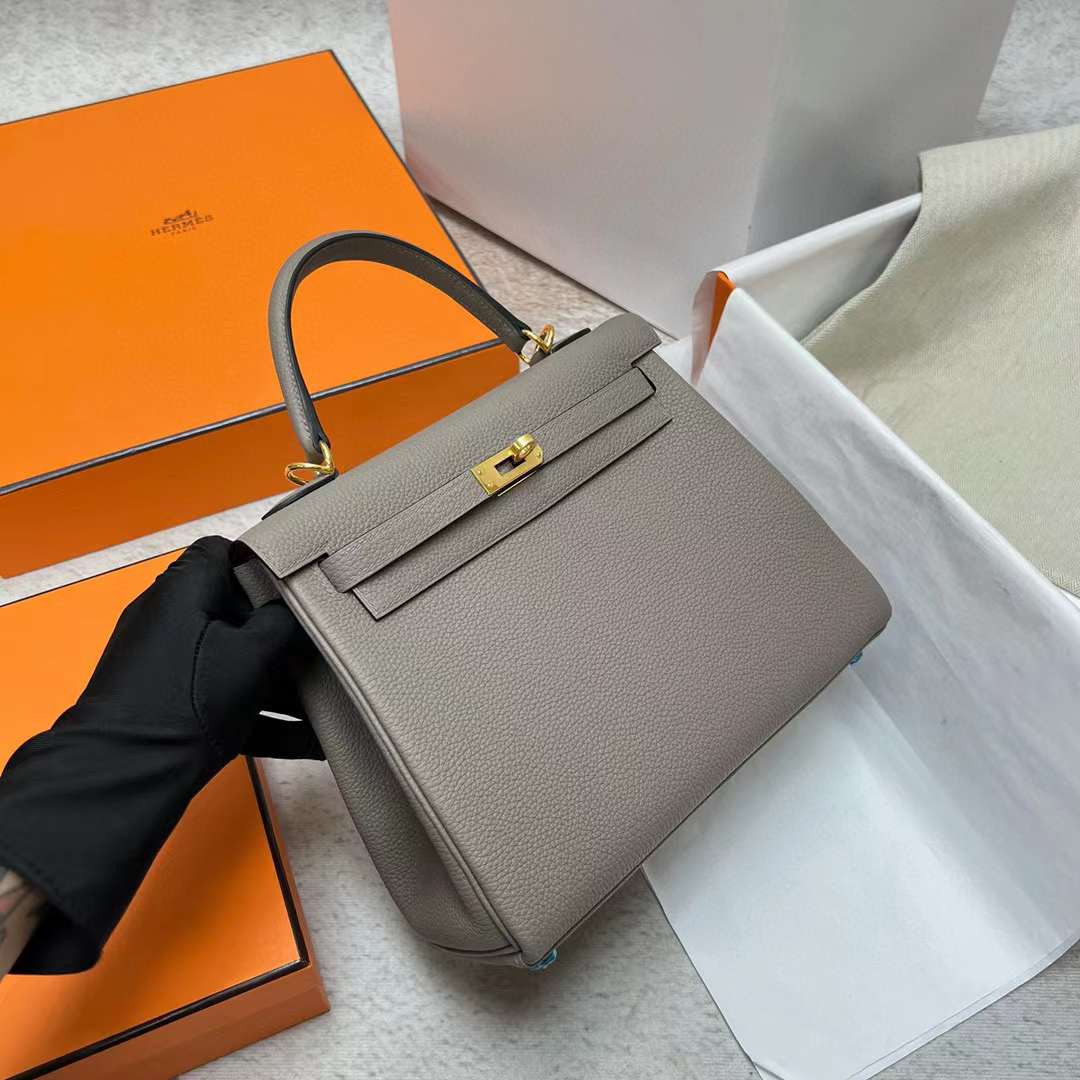 Hermès（爱马仕）Kelly 凯莉包 Togo皮 M8 沥青灰 金扣 25cm 全手工蜡线缝制 Ghw