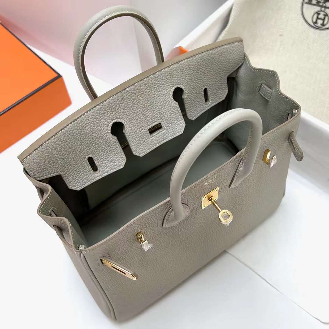 Hermès（爱马仕）Birkin 铂金包 Togo皮 Ck80 珍珠灰 金扣 25cm 全手工蜡线缝制 Ghw