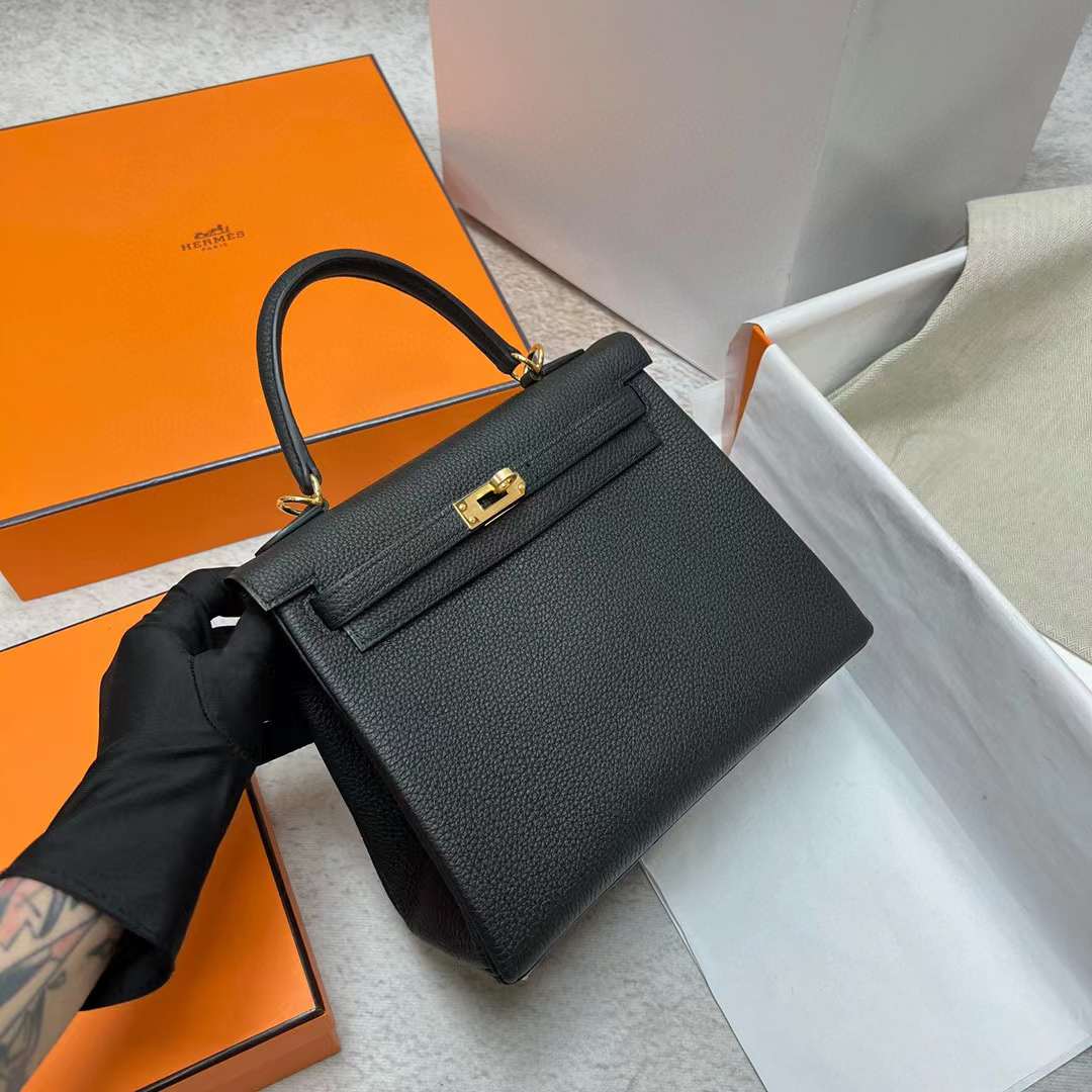 Hermès（爱马仕）Kelly 凯莉包 Togo皮 Ck89 黑色 金扣 25cm 全手工蜡线缝制 Ghw
