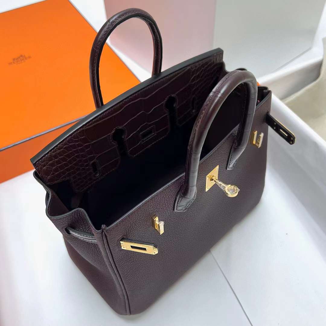 Hermès（爱马仕）Birkin 铂金包 Touch Togo 拼 雾面美洲鳄 0G 马鞍红 金扣 25cm 全手工蜡线缝制